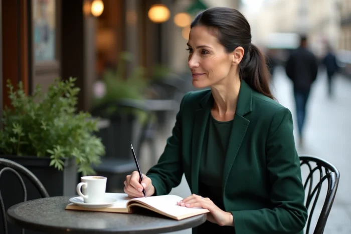Femme politique en terrasse de café parisien avec un carnet ouvert et un expresso, posture sereine et réflexive