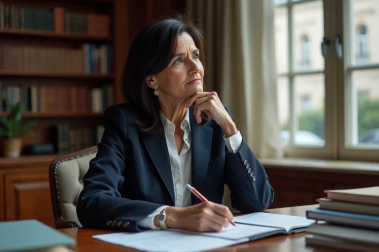 Femme politique en exil dans son bureau européen, entourée de livres et de documents, regard pensif vers la fenêtre
