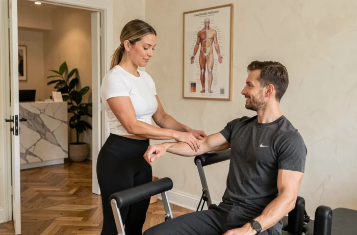 Instructrice de Pilates guidant un client sur un appareil Cadillac dans un studio haut de gamme du 8e arrondissement de Paris