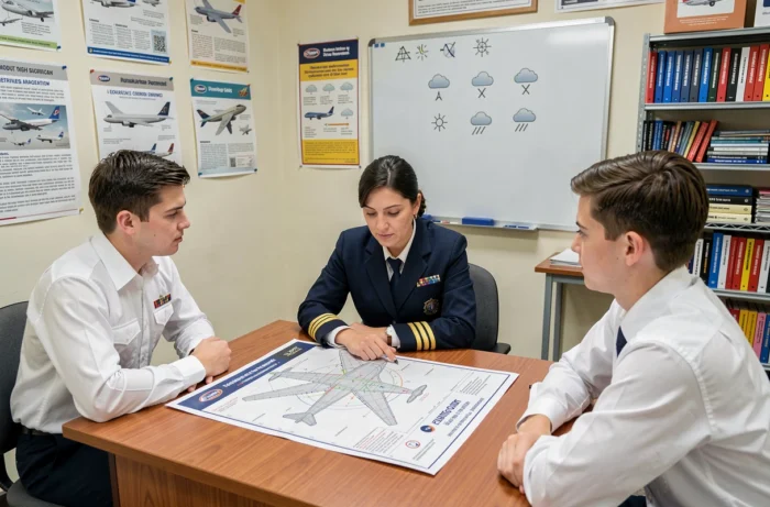 Instructrice pilote en uniforme bleu marine expliquant une carte aéronautique à des élèves dans une salle de briefing d'école de pilotage