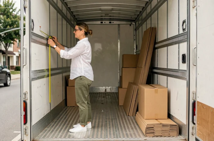 Femme mesurant l'intérieur d'un camion 6m3 avec un mètre ruban, évaluant la capacité de chargement pour un déménagement
