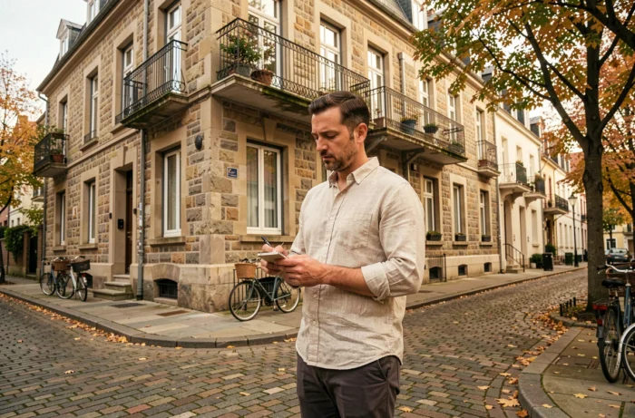 Investisseur immobilier analysant un immeuble en pierre rénové dans un quartier résidentiel européen