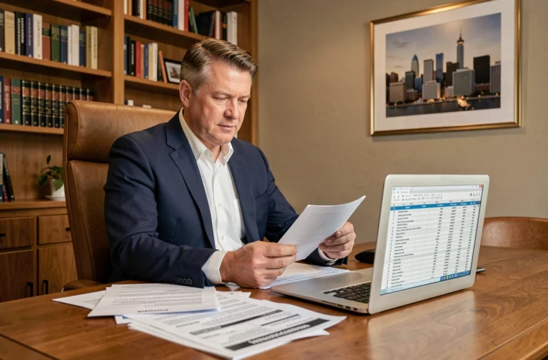 Investisseur immobilier consultant des documents fiscaux et des tableaux financiers dans un bureau à domicile organisé pour optimiser ses revenus locatifs