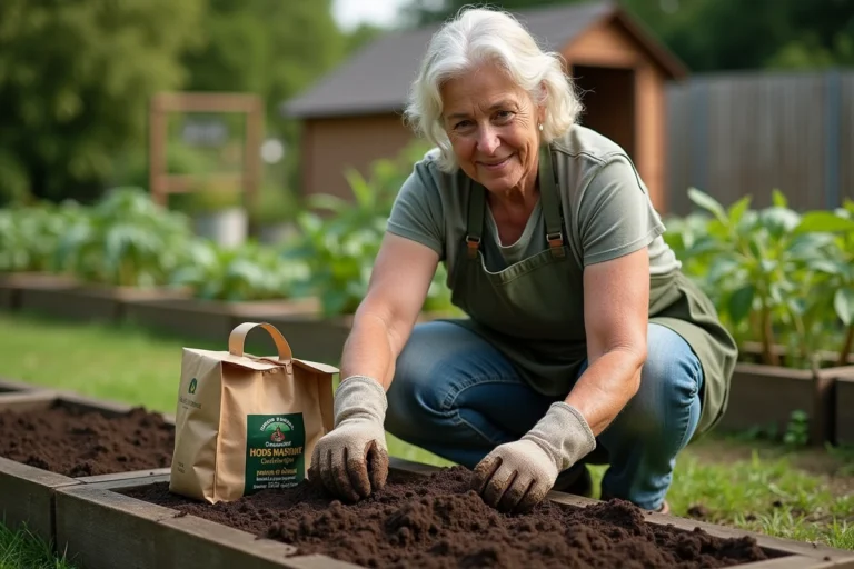 Jardinière appliquant du fumier de cheval sur un potager surélevé avec des légumes verts en arrière-plan