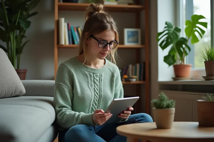 Jeune femme analysant des métriques de backlinks et liens SEO sur une tablette dans un espace de travail à domicile