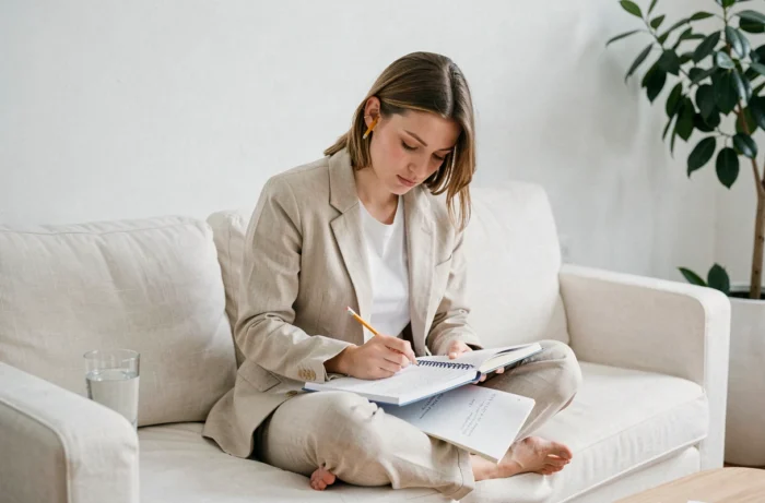 Jeune femme écrivant dans un cahier de grammaire française assise sur un canapé dans un appartement minimaliste