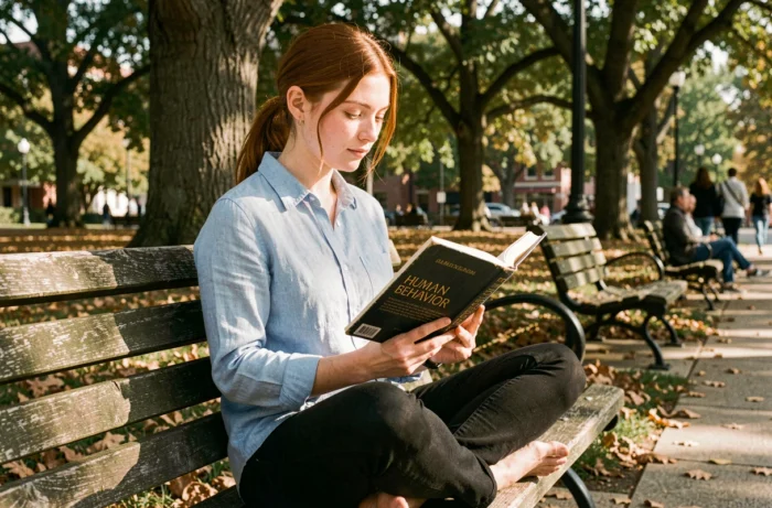 Jeune femme lisant un livre de psychologie sur un banc dans un parc en automne