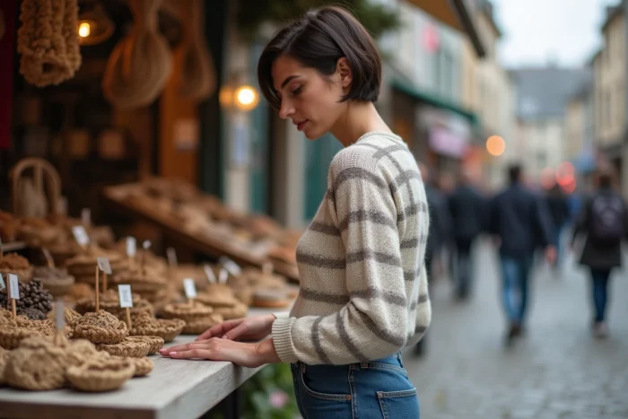 Jeune femme bretonne au marché artisanal dans une ville historique de Bretagne