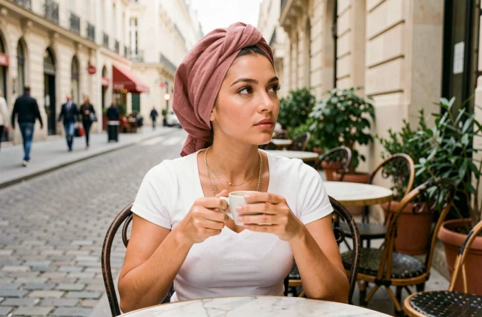 Jeune femme portant un turban en lin rose poudré dans un café parisien en terrasse