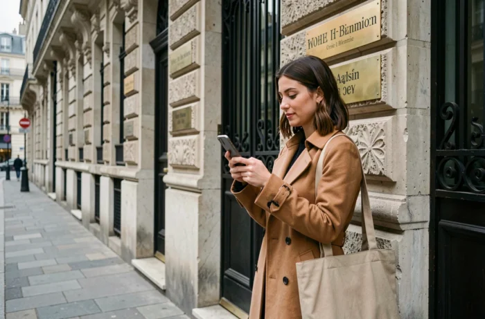 Jeune professionnelle vérifiant l'adresse d'un siège social sur smartphone devant un immeuble parisien