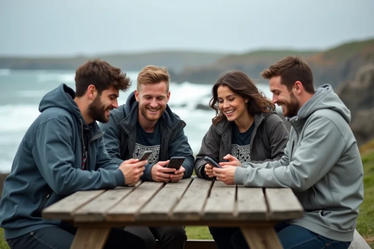 Groupe de jeunes bretons connectés sur smartphones au bord de la côte atlantique