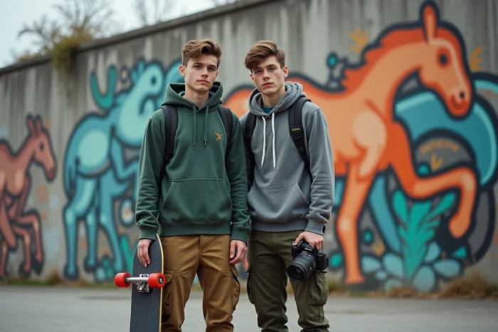 Deux jeunes hommes devant une fresque murale urbaine inspirée de la culture bretonne à Rennes