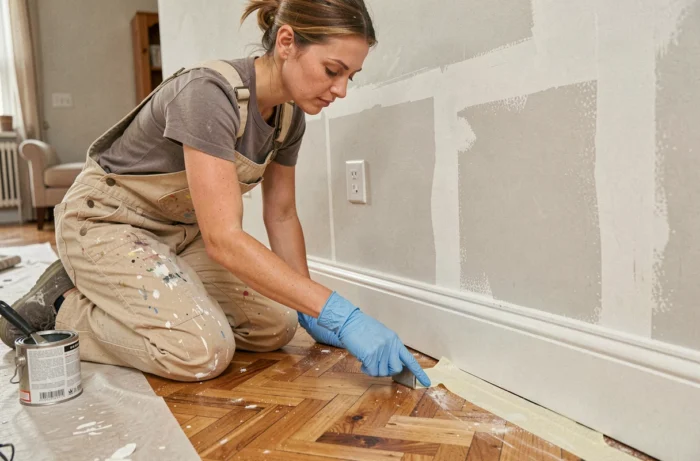 Femme lissant un joint acrylique au niveau de la plinthe avant peinture dans un salon en rénovation