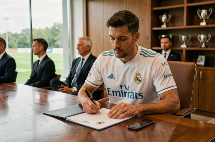 Joueur du Real Madrid signant un contrat professionnel dans une salle de réunion élégante