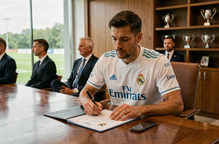 Joueur du Real Madrid signant un contrat professionnel dans une salle de réunion élégante