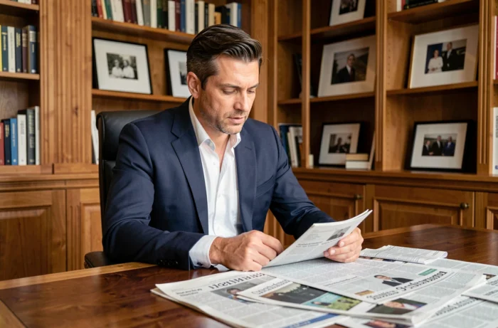 Journaliste et directeur médiatique assis à son bureau parisien entouré de journaux et de documents éditoriaux