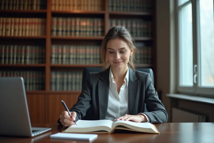 Juriste étudiant le Code de procédure civile dans un cabinet d'avocat parisien, en référence à l'article 31 sur l'intérêt à agir et la recevabilité des actions en justice