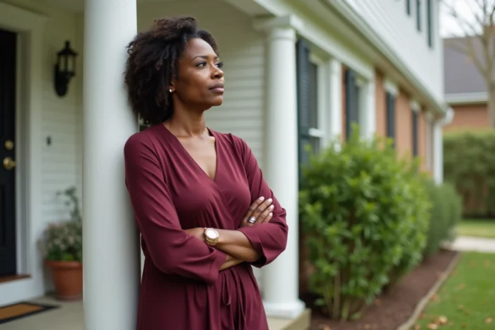 Femme posant devant une maison américaine classique avec une expression sereine, symbole du parcours de vie et de la résilience personnelle de Lisa Thorner