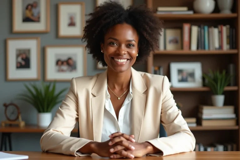 Femme afro-américaine confiante et élégante assise dans un bureau à domicile chaleureux, illustrant la résilience et le parcours inspirant de Lisa Thorner