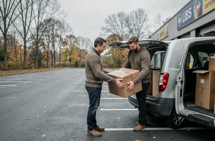 Homme déchargeant des cartons d'un van dans un parking presque vide d'un centre de stockage en basse saison automnale