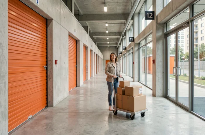 Femme tirant un chariot de cartons dans un couloir de box de stockage modernes aux portes métalliques oranges