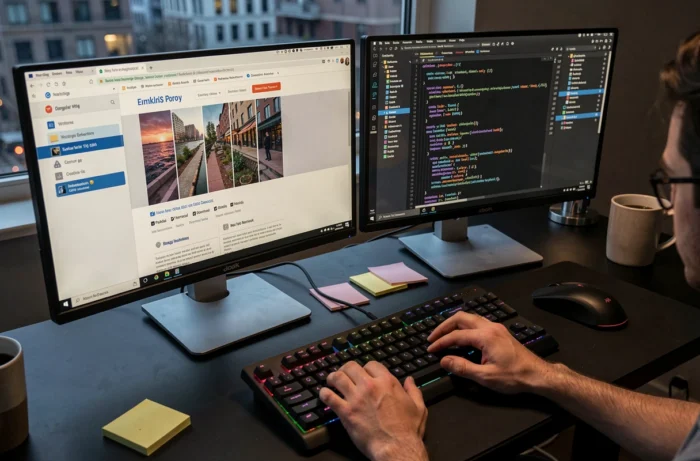 Vue rapprochée de mains tapant au clavier avec deux écrans affichant une page web et son code HTML source en éditeur de texte