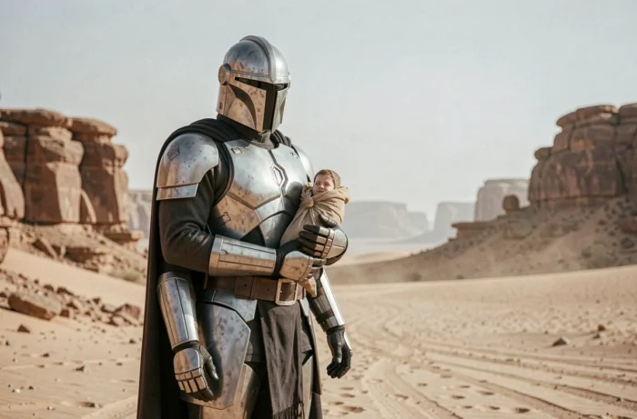 Un homme en armure argentée tenant un petit être dans ses bras dans un désert rocheux, évoquant l'univers du Mandalorien de Star Wars