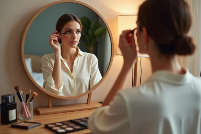 Femme mature appliquant du mascara devant un miroir de coiffeuse entouré de produits de maquillage tendance