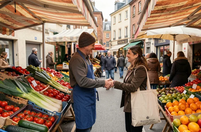 Marché local animé du quartier Dervallières à Nantes avec étals de fruits et légumes et habitants