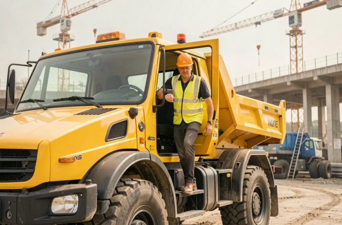 Chauffeur descendant d'un Mercedes Unimog 2025 jaune sur un chantier de construction urbain