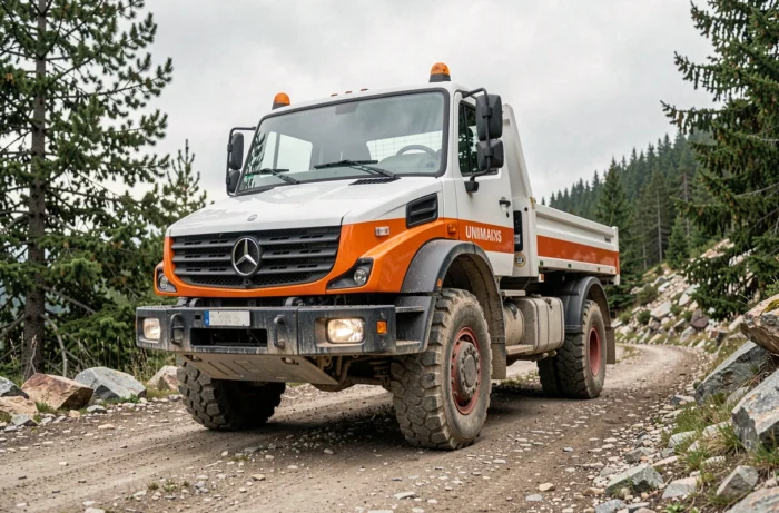 Mercedes Unimog 2025 sur un chemin de montagne, vue trois quarts avant en conditions tout-terrain