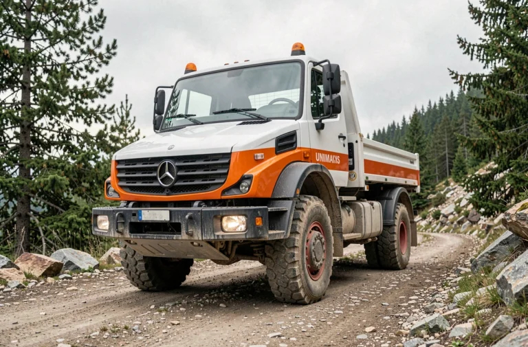 Mercedes Unimog 2025 sur un chemin de montagne, vue trois quarts avant en conditions tout-terrain