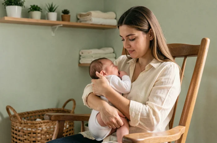 Jeune mère tenant son nouveau-né contre elle dans une chambre de bébé naturelle et apaisante décorée avec des matériaux organiques