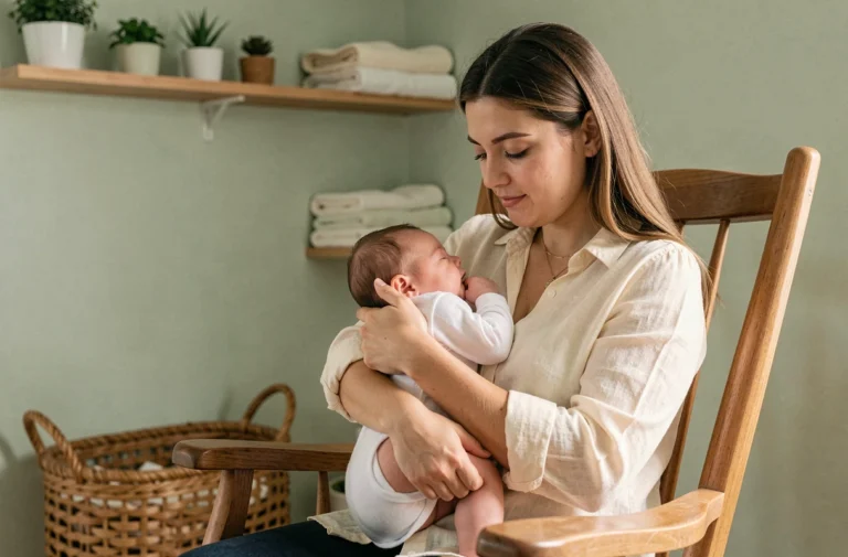 Jeune mère tenant son nouveau-né contre elle dans une chambre de bébé naturelle et apaisante décorée avec des matériaux organiques