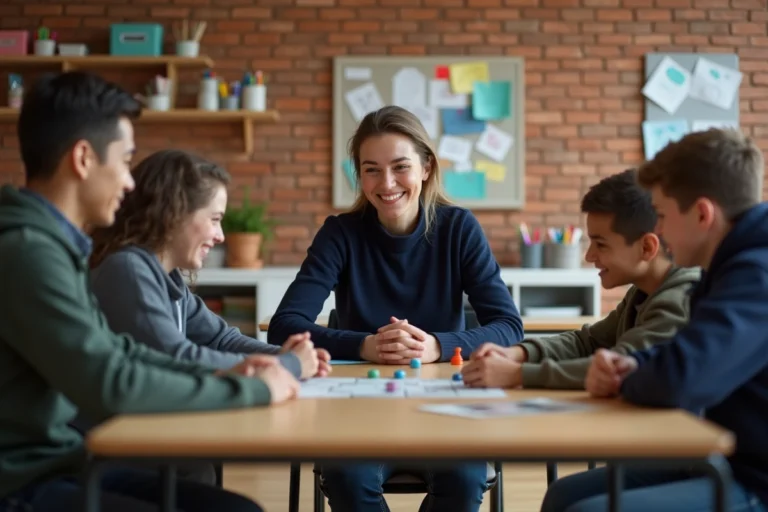 Monitrice éducatrice animant un atelier de jeu de société avec un groupe de jeunes adultes dans un centre communautaire