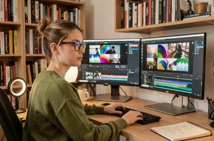 Monteuse vidéo travaillant sur un logiciel de post-production dans un home studio aménagé pour créer des contenus professionnels