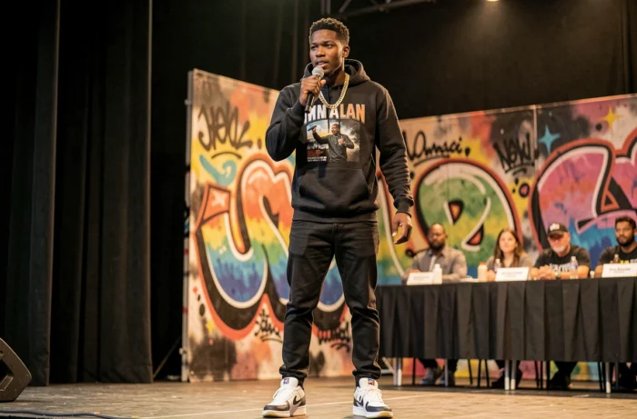 Un jeune rappeur en hoodie et chaîne en or sur scène lors d'une compétition rap, dans l'esprit de Nouvelle École saison 5