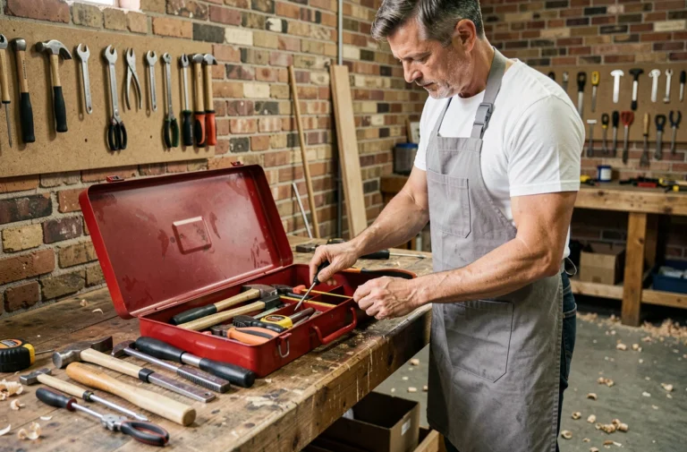 Homme organisant ses outils de bricolage essentiels dans une boîte à outils rouge sur un établi en bois dans un atelier