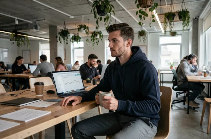 Un développeur web utilisant des outils SEO sur son ordinateur portable dans un espace de coworking