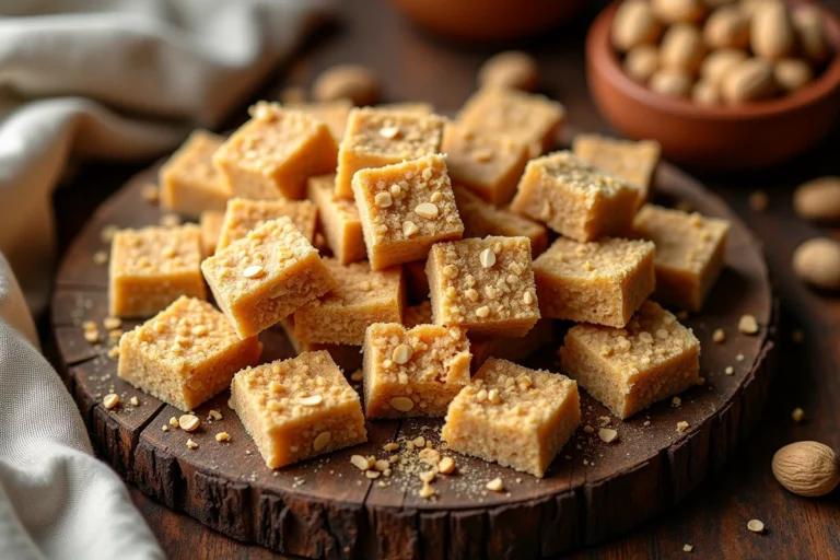 Morceaux de paçoca brésilienne traditionnelle posés sur une planche en bois rustique, montrant la texture granuleuse à base de cacahuètes