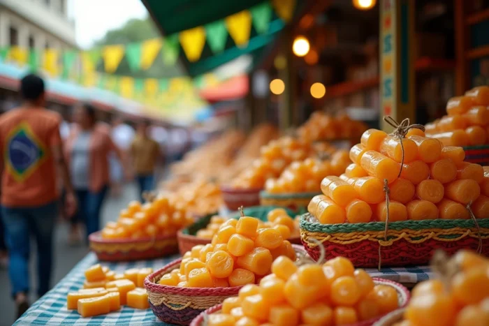 Étalage de paçoca emballée et en vrac sur un marché festif brésilien de la Festa Junina, avec paniers en osier et décoration traditionnelle colorée