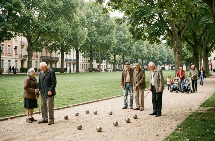 Habitants jouant à la pétanque dans un parc verdoyant du quartier Dervallières à Nantes