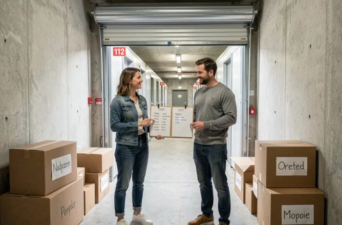 Deux amis organisant le partage d'un box de stockage commun avec des cartons labellisés et une liste partagée