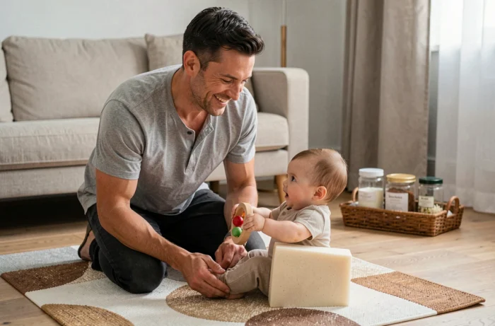 Père jouant avec son bébé sur un tapis de jeu naturel entouré de produits de soin bio dans un salon lumineux