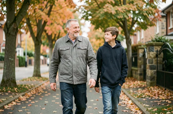 Père célèbre se promenant avec son enfant dans un quartier résidentiel préservant leur intimité familiale