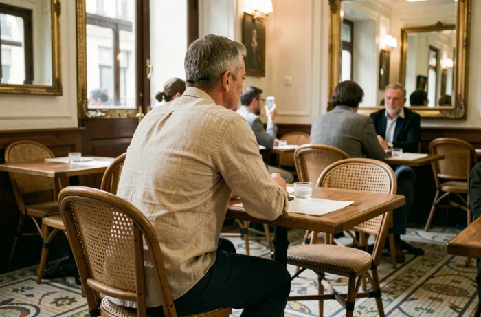 Personnalité médiatique préservant son anonymat dans un café parisien discret