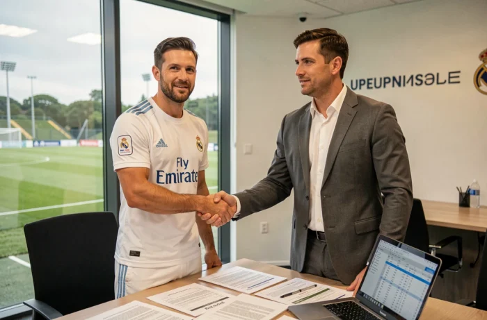 Poignée de main entre un joueur du Real Madrid et un dirigeant lors de la finalisation d'un contrat