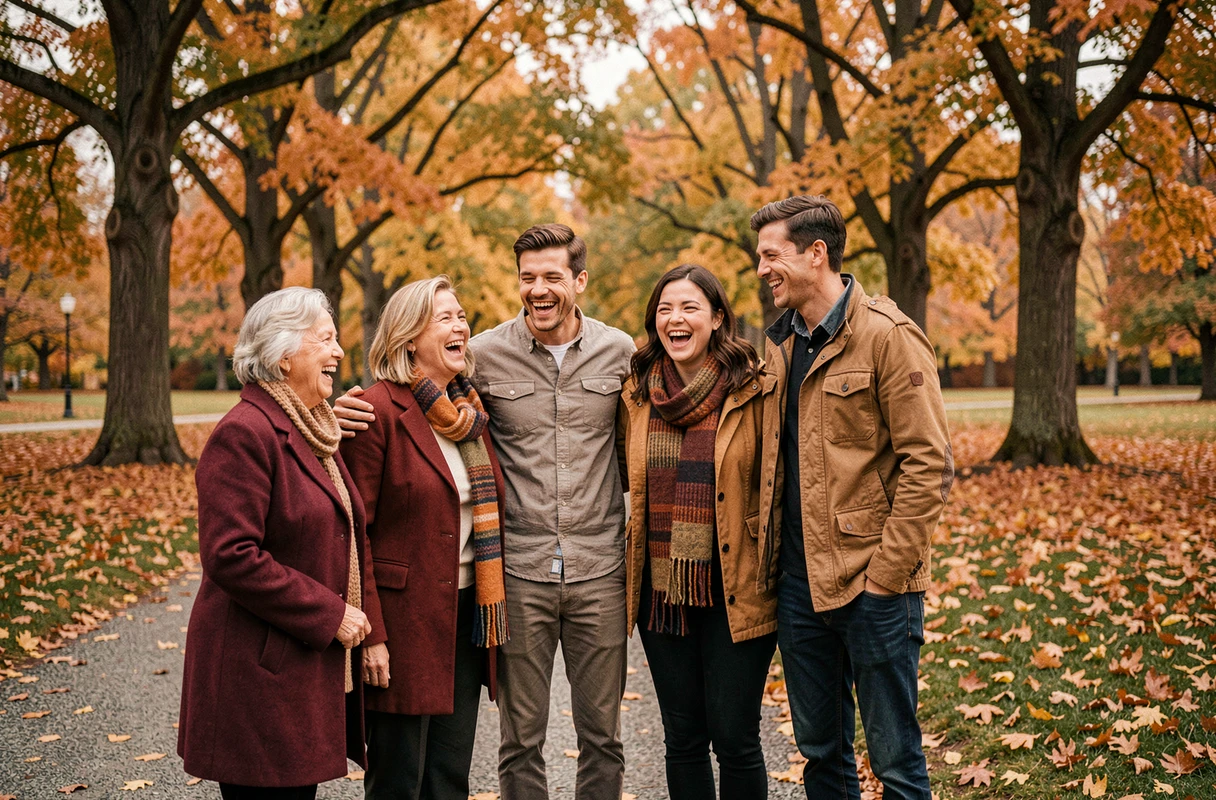Portrait de famille multigénérationnel en automne dans un parc, illustrant les liens familiaux élargis incluant le mari d'une nièce et ses proches