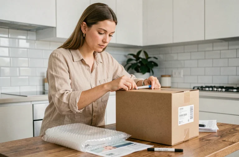 Femme préparant un colis Mondial Relay en collant une étiquette d'expédition sur une boîte en carton dans une cuisine moderne