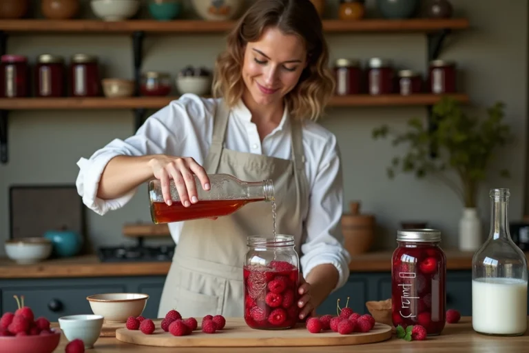 Femme préparant des fruits maison en bocal avec un alcool neutre dans une cuisine rustique